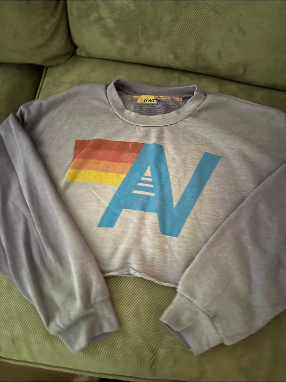 Aviator Nation Lavender Cropped Sweatshirt with Retro AV Stripe Logo